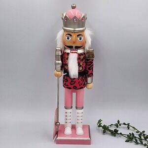 Bella Lux Pink Leopard Print Nutcracker King Wood Gold Crown Staff Decor 14"